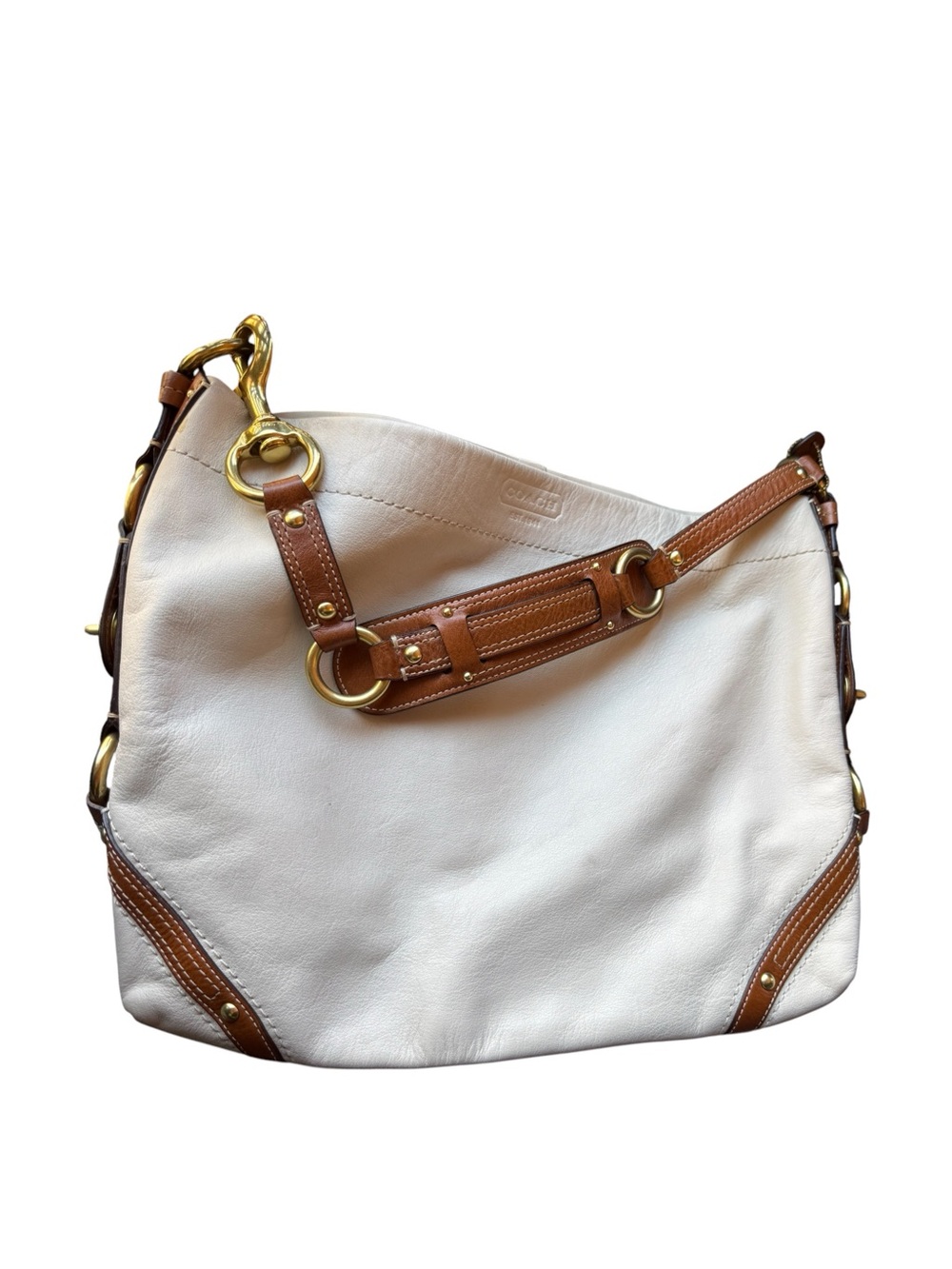 Vintage Coach “Carly” White & Tan Leather Shoulder Bag with Gold Hardware
